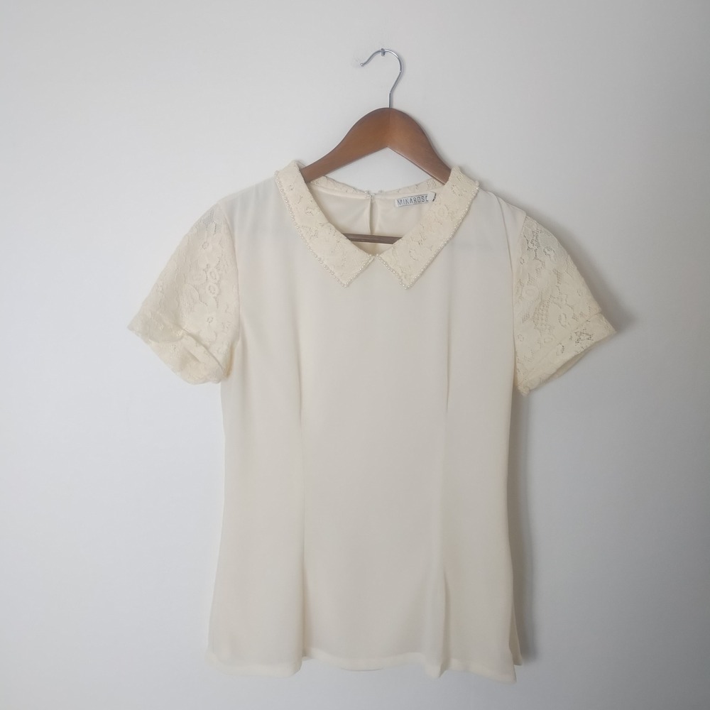 Mikarose Lace Pearl Collar Blouse Women S Cream Short Sleeve Modest Coquette